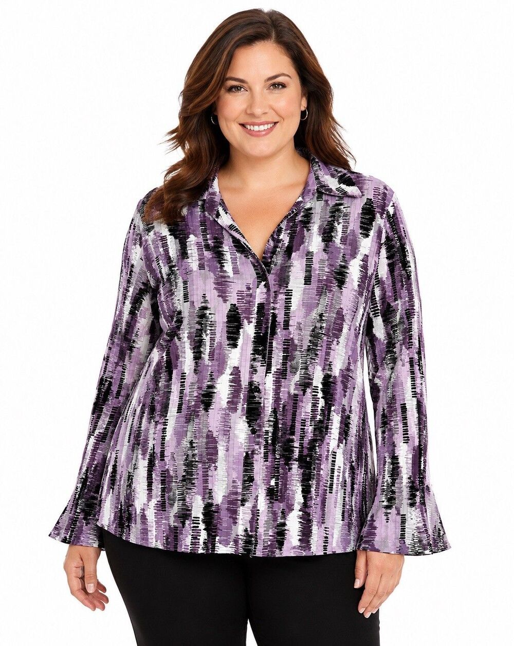 APT. 9 Women’s 1X Purple Abstract Print Stretch Button Front Blouse Plus Size